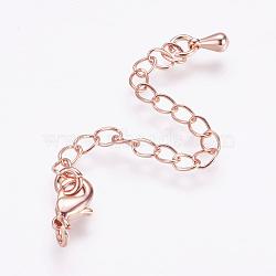 Long-Lasting Plated Brass Chain Extender, with Lobster Claw Clasps and Chain Extender Teardrop, Real Rose Gold Plated, 9.5x5x2.5mm, Hole: 2mm, Extend Chain: 68~70mm, ring: 4x0.8~1mm(KK-F711-10RG)
