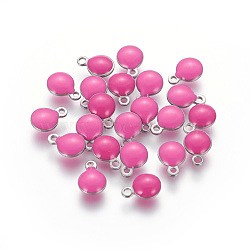 304 Stainless Steel Enamel Charms, Enamelled Sequins, Flat Round, Stainless Steel Color, Hot Pink, 8.5x6x3mm, Hole: 1mm(STAS-O122-B-09P)
