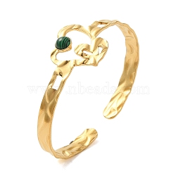 304 Stainless Steel Open Cuff Bangles, with Synthetic Malachite, Jewely Textured Bangles for Women, Real 18K Gold Plated, Heart, Inner Diameter: 2-3/8x1-3/4 inch(5.9x4.5cm)(BJEW-K230-02D-G)