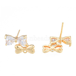 Brass Pave Clear Cubic Zirconia Stud Earring Findings, with Horizontal Loops, Heart Bowknot, Nickel Free, Golden, 10x15mm, Hole: 1mm, Pin: 0.8mm(KK-N231-350B)