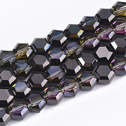 Electroplate Glass Beads Strands, Half Plated, Faceted, Hexagon, Black, 5x6x4mm, Hole: 1mm, about 100pcs/strand, 20.4 inch(EGLA-T018-03-A01)