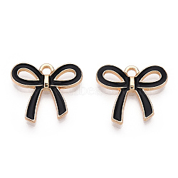 Light Gold Plated Alloy Pendants, with Enamel, Bowknot, Black, 16x18x2.5mm, Hole: 2mm(ENAM-T009-40C)