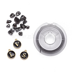 26Pcs Flat Round Initial Letter A~Z Alphabet Enamel Charms, 20G Non-magnetic Synthetic Hematite Chip Beads and Elastic Thread, for DIY Jewelry Making Kits, Black, Alphabet Enamel Charms: 1 set/box(DIY-FS0001-61)