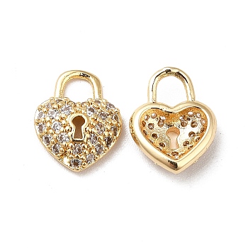 Brass Micro Pave Cubic Zirconia Charms, Real 18K Gold Plated, Heart Lock Charm, Clear, 11x9x3mm, Hole: 3mm