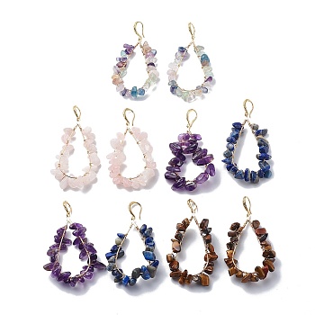 5 Pairs 5 Style Natural Mixed Gemstone Chips Teardrop Dangle Earrings, Brass Wire Wrap Big Drop Earrings for Women, Light Gold, 68~70mm, Pin: 1mm, 1 Pair/style