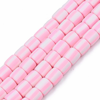 Handmade Polymer Clay Bead Strands, Column, Pink, 6x6mm, Hole: 1.5mm, about 63pcs/strand, 15.55 inch~15.94 inch(39.5~40.5cm)
