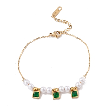 Square Cubic Zirconia Charm Bracelet with Acrylic Pearl, Gold Plated 304 Stainless Steel Jewelry for Women, Green, 6-3/4 inch(17cm)