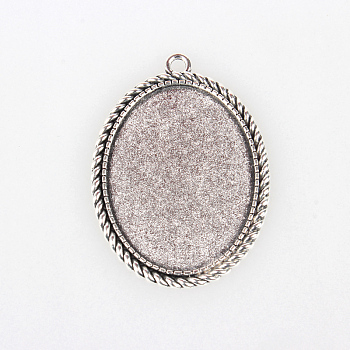 Tibetan Style Alloy Pendant Cabochon Settings, Cadmium Free & Lead Free, Oval, Antique Silver, Tray: 40x30mm, 51x37x2mm, Hole: 3mm