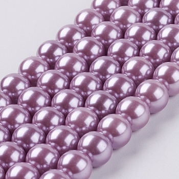 Eco-Friendly Dyed Glass Pearl Round Beads Strands, Grade A, Cotton Cord Threaded, Violet, 8mm, Hole: 0.7~1.1mm, about 52pcs/strand, 15 inch
