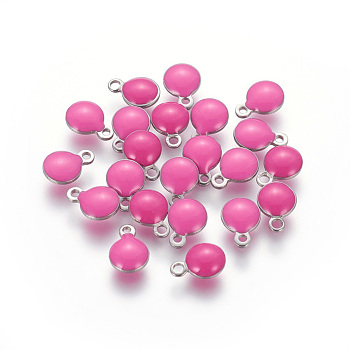 304 Stainless Steel Enamel Charms, Enamelled Sequins, Flat Round, Stainless Steel Color, Hot Pink, 8.5x6x3mm, Hole: 1mm