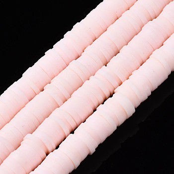 Flat Round Handmade Polymer Clay Beads, Disc Heishi Beads for Hawaiian Earring Bracelet Necklace Jewelry Making, Pink, 8x0.5~1mm, Hole: 2mm, about 380~400pcs/strand, 17.7 inch