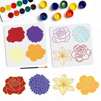 US 1 Set PET Hollow Out Drawing Painting Stencils, for DIY Scrapbook, Photo Album, with 1Pc Art Paint Brushes, Flower, 300x300mm, 1pc/style
