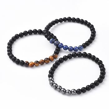 Unisex Natural Black Agate(Dyed) Beads Stretch Bracelets, with Gemstone Beads, Round, 2-1/8 inch(5.5cm)