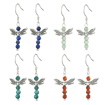 4 Pairs 4 Styles Natural Mixed Gemstone Fairy Dangle Earrings, Antique Silver Alloy Drop Earrings, 42x20mm, 1 Pair/style