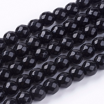 Natural White Jade Bead Strands, Dyed, Faceted, Round, Black, 8mm, Hole: 1mm, 48pcs/strand, 14.5~14.9 inch