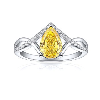 925 Sterling Silver Micro Pave Cubic Zirconia Plain Band Rings, Real Platinum Plated, Teardrop, Yellow, US Size 7(17.3mm)