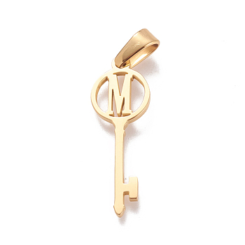 304 Stainless Steel Initial Pendants, Large Hole Pendants, Key with Letter, Golden, Letter.M, 25x8.5x1mm, Hole: 6x2.5mm