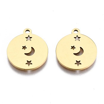 201 Stainless Steel Pendants, Laser Cut Pendants, Flat Round with Moon & Star, Golden, 15.5x13.5x1mm, Hole: 1.4mm