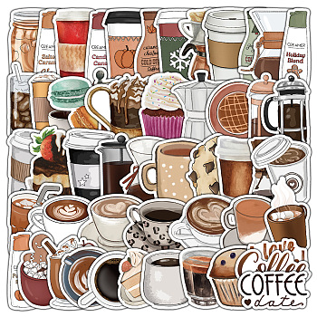 50Pcs Coffee PVC Stickers, Self-adhesive Decals, for Suitcase, Skateboard, Refrigerator, Helmet, Mobile Phone Shell, Mixed Color, 40~80mm