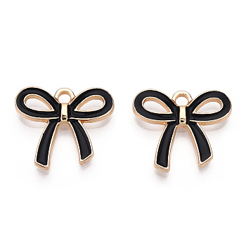 Light Gold Plated Alloy Pendants, with Enamel, Bowknot, Black, 16x18x2.5mm, Hole: 2mm