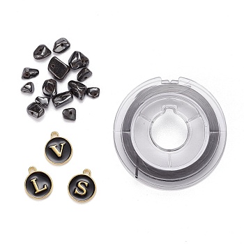 26Pcs Flat Round Initial Letter A~Z Alphabet Enamel Charms, 20G Non-magnetic Synthetic Hematite Chip Beads and Elastic Thread, for DIY Jewelry Making Kits, Black, Alphabet Enamel Charms: 1 set/box