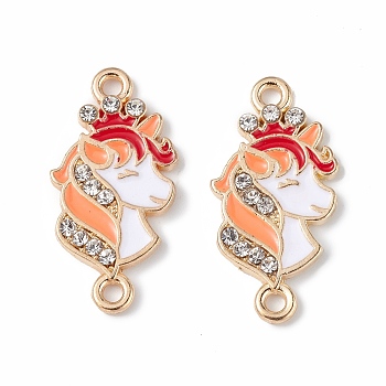 Alloy Enamel Connector Charms, Unicorn Links with Crystal Rhinestone, Light Gold, Cadmium Free & Nickel Free & Lead Free, Sandy Brown, 23x11.5x2mm, Hole: 1.6mm