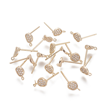 Brass Micro Pave Cubic Zirconia Stud Earring Findings, with Loop, Nickel Free, Flat Round, Clear, Real 18K Gold Plated, 12.5mm, Hole: 0.8mm, Pin: 0.9mm