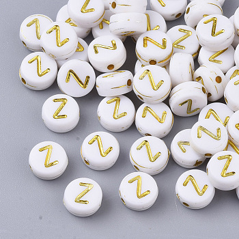 Plating Acrylic Beads, Golden Metal Enlaced, Horizontal Hole, Flat Round with Alphabet, White, Letter.Z, 7x3.5mm, Hole: 1.2mm, about 3600pcs/500g