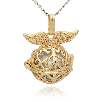 Golden Tone Brass Hollow Round Cage Pendants, with No Hole Spray Painted Brass Ball Beads, Silver, 28x27x20mm, Hole: 3x8mm