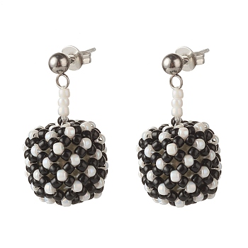 TOHO Japanese Seed Beads Dangle Stud Earrings, with Brass Ear Nuts, Black, 28mm, Pin: 0.8mm