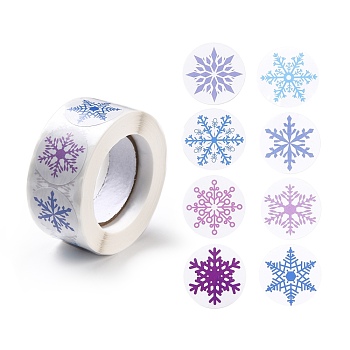 Christmas Themed Flat Round Roll Stickers, Self-Adhesive Paper Gift Tag Stickers, for Party, Decorative Presents, Snowflake Pattern, 25x0.1mm, about 500pcs/roll
