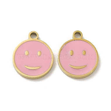 Real 18K Gold Plated Pink Flat Round Stainless Steel+Enamel Charms