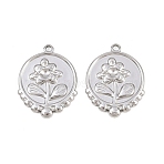 304 Stainless Steel Pendants Cabochon Settings, Round with Flower Shape Charms, Stainless Steel Color, 21x16x2mm, Hole: 1mm, Tray Size: 2mm(STAS-L317-30P)