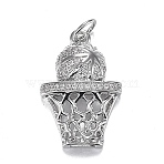 Brass Micro Clear Cubic Zirconia Pendants, Long-Lasting Plated, Basketball & Basketed, Real Platinum Plated, 20.5x14x5mm, Hole: 3.5mm(ZIRC-F120-034P)