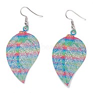 Spray Painted Stainless Steel Leaf Dangle Earrings, Etched Metal Embellishments, with Iron Earring Hooks, Stainless Steel Color, Colorful, 68mm, Pin: 0.7mm(EJEW-I256-10P)