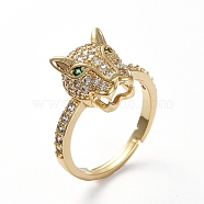 Adjustable Brass Finger Rings, with Micro Pave Cubic Zirconia, Leopard Head, Golden, US Size 7(17.3mm)(RJEW-G096-30G)