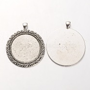 Tibetan Style Alloy Flat Round Pendant Cabochon Settings, Cadmium Free & Lead Free, Antique Silver, 55x46x2mm, Hole: 5x7mm, Tray: 35mm, about 72pcs/kg(PALLOY-J494-46AS)