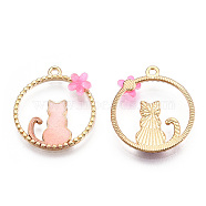 Alloy Pendants, with Enamel and Resin, Round Ring with Cat Shape and Ring, Golden, Pink, 24.5x22x3mm, Hole: 1.5mm(ENAM-S120-003A)