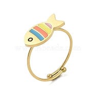 Fish 304 Stainless Steel Enamel Ring, 316 Surgical Stainless Steel Open Cuff Ring for Women, Real 18K Gold Plated, Adjustable(RJEW-A038-06G)