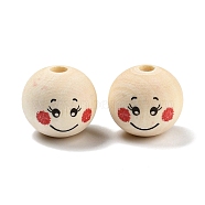 Printed Wood European Beads, Wooden Large Hole Round Beads with Smiling Face Print, Undyed, Black, 20x18mm, Hole: 5mm, about 217pcs/500g.(WOOD-K009-01A)