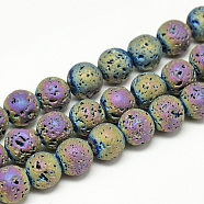 Electroplate Natural Lava Rock Beads Strands, Matte Style, Round, Multi-color Plated, 8x8.5mm, Hole: 1mm, about 48pcs/strand, 15.3 inch(X-G-T058-03E)