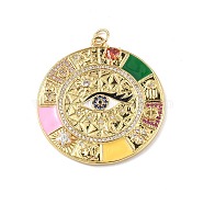 Brass Micro Pave Cubic Zirconia Pendants, with Enamel and Jump Ring, Real 18K Gold Plated, Flat Round with Eye, Colorful, 38x35x3.5mm, Hole: 3.5mm(KK-E068-VF347)