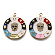 Brass Micro Pave Clear Cubic Zirconia Pendants, Long-Lasting Plated, with Jump Rings & Enamel, Flat Round with Mask, Real 18K Gold Plated, Colorful, 32x30x2.3mm, Hole: 3.2mm(ZIRC-B0003-13G)