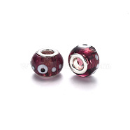 Handmade Lampwork European Beads, Large Hole Rondelle Beads, with Platinum Tone Brass Double Cores, Rondelle, Coconut Brown, 14~15x9~10mm, Hole: 5mm(LPDL-N001-046-C09)