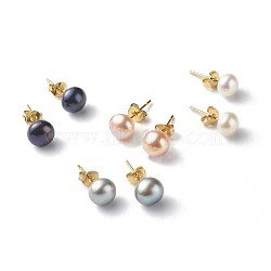 Natural Pearl Rondelle Stud Earrings, 304 Stainless Steel Earring Post, Golden, Mixed Color, 7~7.5mm, Pin: 0.7mm(EJEW-JE04585)