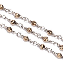 3.28 Feet Handmade Non-magnetic Synthetic Hematite Beaded Chains, Unwelded, with Brass Findings,  Faceted, Round, Platinum, Gold, 3mm(X-CHC-F007-16P-03)