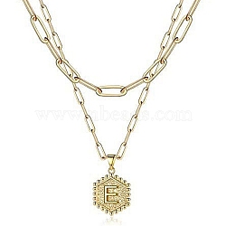 Real 18K Gold Plated Stainless Steel Paperclip Chains Double Layer Necklaces, Hexagon with Initial Letter Pendant Necklace, Letter E, 14.17 inch(36cm)(AN1969-10)