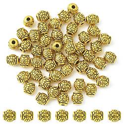 Tibetan Style Alloy Beads, Cadmium Free & Lead Free, Drum with Flower, Antique Golden, 6x6mm, Hole: 2mm(PALLOY-YW0001-73)