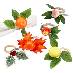 CHGCRAFT 6Pcs 6 Style Wooden Napkin Rings, Wrapped with Jute Cord, with Foam Artificial Fruit, Vegetable & Cloth Leaf, Mixed Shapes, Mixed Color, 85~125mm, 1pc/style(DJEW-CA0001-25)