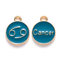 Alloy Enamel Pendants, Cadmium Free & Lead Free, Flat Round with Constellation, Light Gold, Dark Cyan, Cancer, 15x12x2mm, Hole: 1.5mm(X-ENAM-S124-01B-05D)